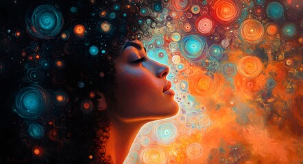 Woman on bright, multi-colored space background. The beauty and complexity of space against the simplicity of geometric shapes creates a visually striking effect.