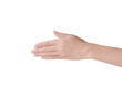 © MUNTHITA - Close-up of a Woman's hand holding something, like a business card, isolated on a white background. The woman's open hand and the empty female hand are isolated against a transparent background.