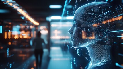 Futuristic AI robot face with digital code and data stream, concept for artificial intelligence, machine learning, and future technology
