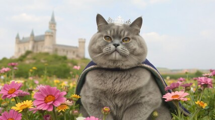 Royal cat wear crown with castle background