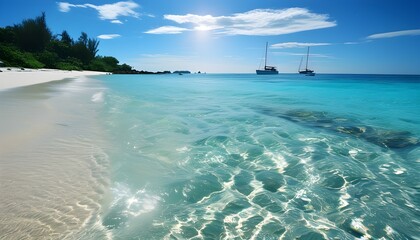 Tropical paradise featuring clear waters, sandy beaches, and boats drifting in the sea beneath a radiant sky