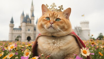 Royal cat wear crown with castle background