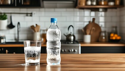 Wall Mural - Refreshing sparkling water in elegant glassware on a kitchen table