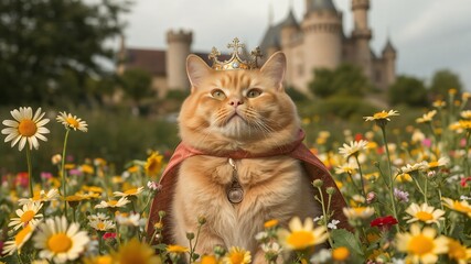 Royal cat wear crown with castle background