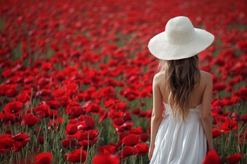 Young woman with white dress and hat walking in poppy field