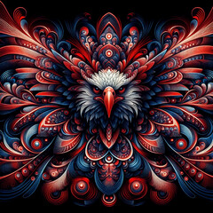 An ornate, abstract depiction of a majestic eagle, featuring intricate red, white, and blue patterns.