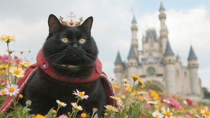 Royal cat wear crown with castle background