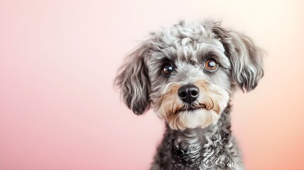 Wall Mural - A Schoodle dog looking curiously at the camera, its coat featuring a mix of poodle curls and schnauzer fur, set against a smooth pastel background