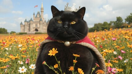 Royal cat wear crown with castle background