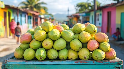 Freshly picked guavas stacked brightly painted cart tropical village colorful murals background and children playing nearby capturing the lively spirit of local culture Scientific name Psidium guajava