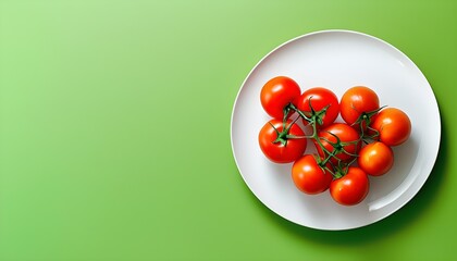 Vibrant display of fresh ripe tomatoes on a white plate amidst a lively green backdrop, perfect for culinary promotions and cookbook visuals