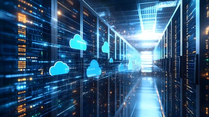 Poster - Server Room with Cloud Computing Symbols and Digital Data