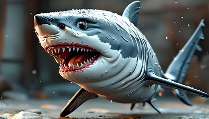 Mischievous 3D Shark with a Toothy Grin Planning a Playful Prank