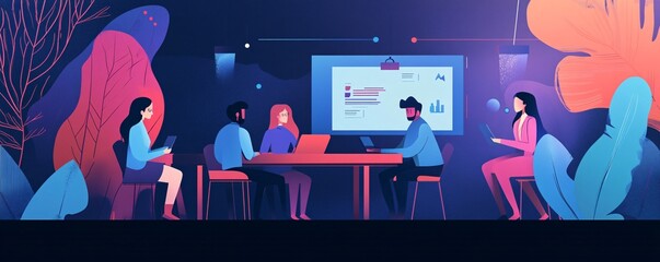 Wall Mural - Illustration of business people team working on project using laptops and computers in modern office at night