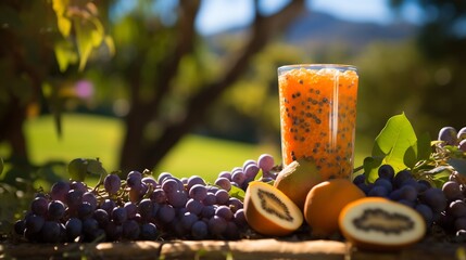 Wall Mural - Jabuticaba fruit protein shake almond milk chia seed served vibrant picnic table tropical garden fitness gear colorful cushion softly blurred promoting fitness vitality Scientific name Plinia