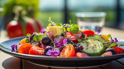 Wall Mural - Jabuticaba fruit salad avocado quinoa fresh herb served vibrant terrace overlooking ocean colorful umbrella beachgoers softly blurred behind promoting nutritious vibrant dish Scientific name Plinia