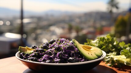 Wall Mural - Jabuticaba fruit salad avocado quinoa fresh herb served vibrant terrace overlooking ocean colorful umbrella beachgoers softly blurred behind promoting nutritious vibrant dish Scientific name Plinia