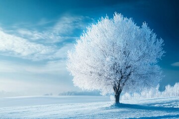 Lonely tree covered by snow standing on a snowy field in winter