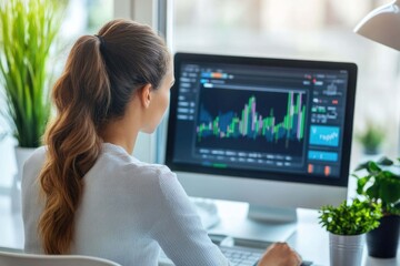 Adult businesswoman working at home using computer, studying business ideas on a pc screen on-line.