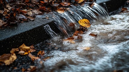 A close-up of floodwater rushing over a curb and into a storm drain, with leaves and branches swirling in the flow.