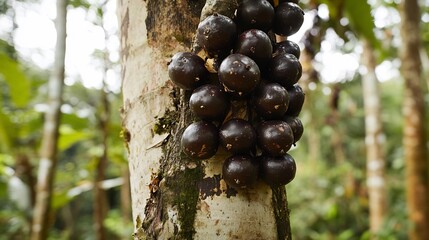 Wall Mural - Jabuticaba fruit growing directly trunk of tree their glossy black skin reflecting sunlight while forest scene softly blurred background emphasizing their unique exotic appeal Scientific name Plinia