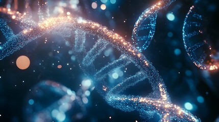 Poster - Abstract Glowing Blue and Gold DNA Structure in a Dark Setting