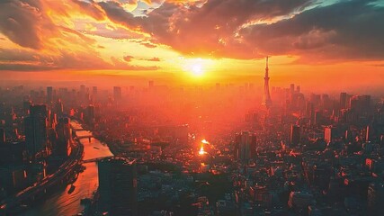 Aufkleber - The sun sets dramatically over the Tokyo skyline, casting vibrant orange and yellow hues across the city and reflecting on the water of the rivers below.