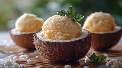 Wall Mural - Jackfruit ice cream served a coconut shell on a bamboo mat in a serene remote island resort with the sounds of nature providing a peaceful backdrop Scientific name Artocarpus heterophyllus