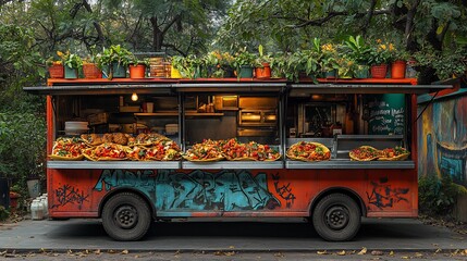 Wall Mural - Jackfruit tacos served a trendy urban food truck with colorful graffiti art and the sound of live street music creating a vibrant energetic atmosphere Scientific name Artocarpus heterophyllus