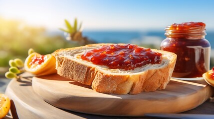 Wall Mural - Jujube fruit chutney spread multigrain toast served on a bright sunlit terrace with ocean waves softly blurred in the background promoting a light and healthy snack Scientific name Ziziphus jujuba