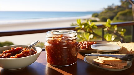 Wall Mural - Jujube fruit chutney spread multigrain toast served on a bright sunlit terrace with ocean waves softly blurred in the background promoting a light and healthy snack Scientific name Ziziphus jujuba