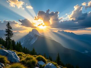 Sun rays mountain landscape. A beautiful landscape view with sun beams through clouds from the top of a mountain.
