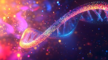Poster - Glowing Double Helix DNA Strand with Colorful Particles