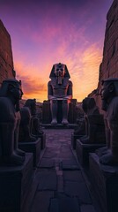 Majestic statue of ramses ii guarding luxor temple at sunset