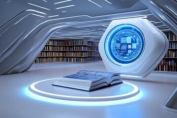 Aufkleber - A 3D model of a futuristic reading room, with sleek, floating books and a holographic interface for selecting titles