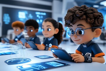 Aufkleber - A 3D-animated group of students using futuristic tablets, where they can pull up interactive 3D models for a more immersive learning experience