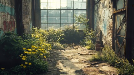 Overgrown Abandoned Factory with Sunlight Streaming Through Window