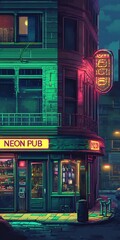 Sticker - Neon Pub at Night with Green and Red Lights