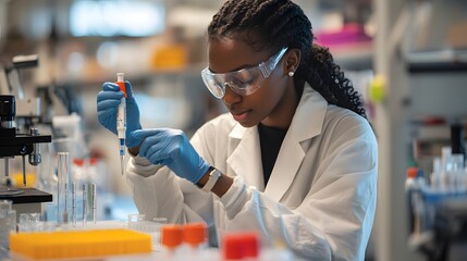 Poster - a female scientist in a lab coat using a pipette in a laboratory setting