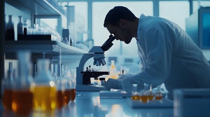 Poster - Scientist Examining a Sample Through a Microscope in a Laboratory Setting
