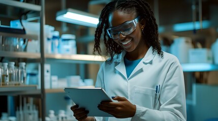 Poster - Smiling Female Scientist in Lab Coat Using Tablet