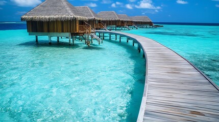 Poster - Wooden walkway leading to overwater bungalows in tropical lagoon with turquoise water