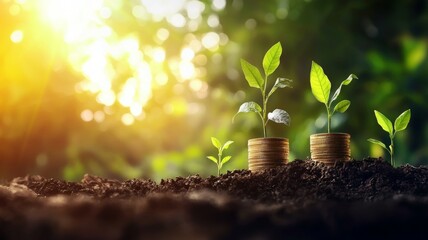 Three small plants are growing in the dirt next to two coins