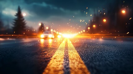 Canvas Print - A blurry image of a road with a car in the foreground