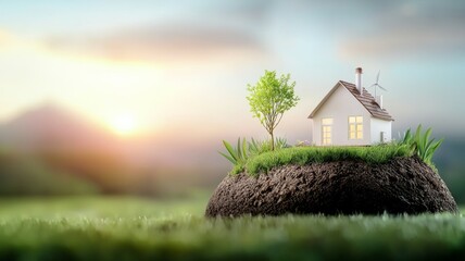 Poster - A house is built on a hill with a tree in front of it