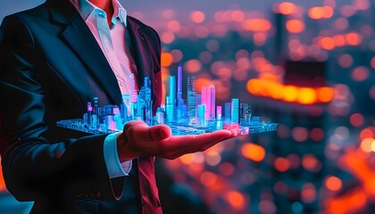 Futuristic businessman showcasing digital hologram of AI against vibrant cityscape backdrop