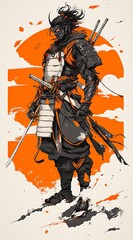 Canvas Print - Samurai Warrior Illustration in a Fierce Pose with Swords and Japanese Sunset Background