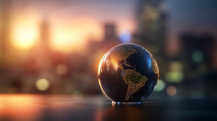 Wall Mural - a globe is sitting on a table with a city in the background