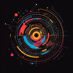 Wall Mural - Abstract colorful circular design with lines and dots on a black background.