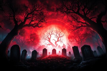 A cemetery bathed in red and black tones, with tombstones and shadowy spirits rising from the earth, in a haunted fantasy artwork illustration